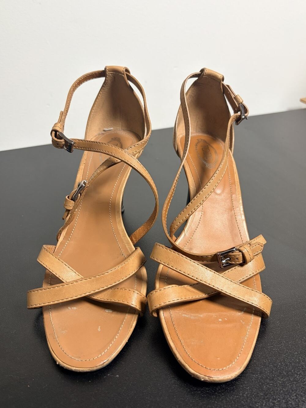Tod's Tan Leather Strappy Slingback Sandals Heels Womens 8 Made in Italy